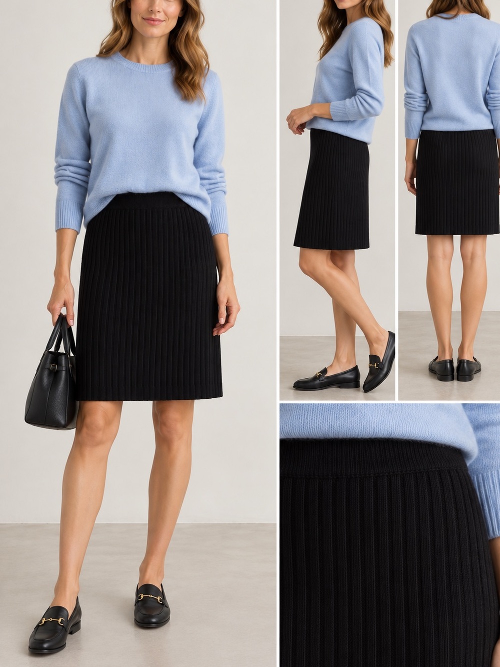 St. John Basics Black Pleated Look Ribbed Knit Straight Skirt Size 12 made in US